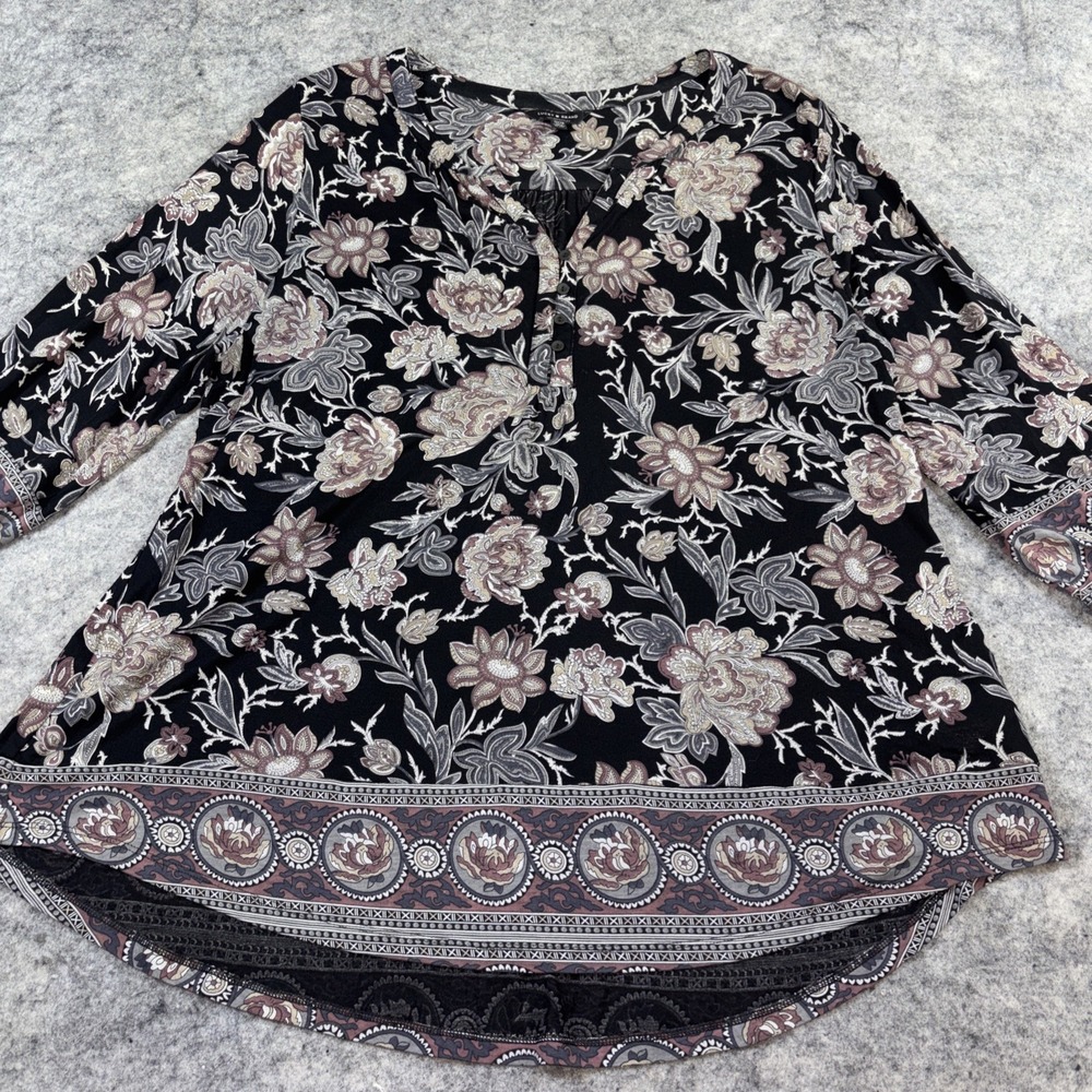 Lucky Brand Blouse Women's 1X Dark Floral V-Neck Boho Cottagecore Artsy - Picture 2 of 11